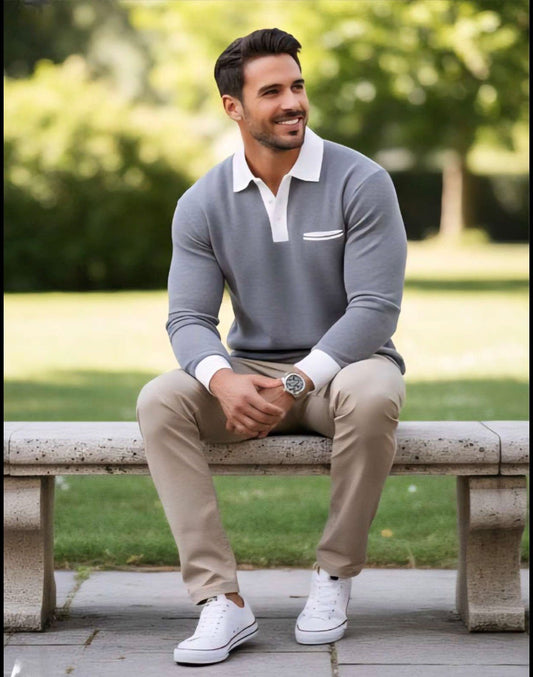 ZONERO Premium Grey Polo Sweatshirt – Full Sleeves with White Collar & Cuffs - ZONERO