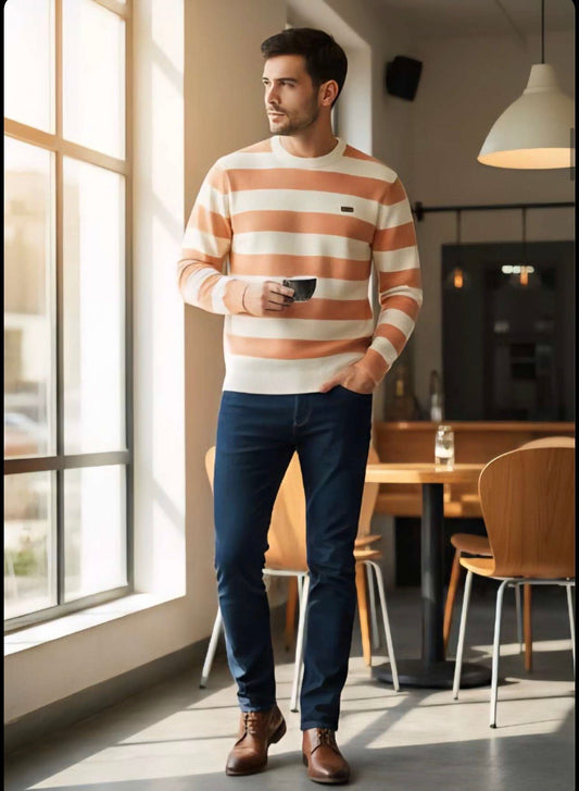 ZONERO Premium White & Pink Striped Woolen Sweater - ZONERO