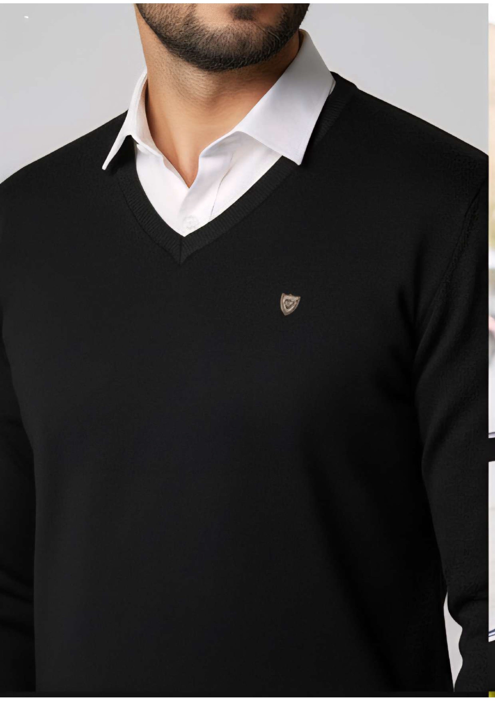 Men's Jet Black V-Neck Full Sleeve Sweater – Shield Logo | Smart Casual Knitwear