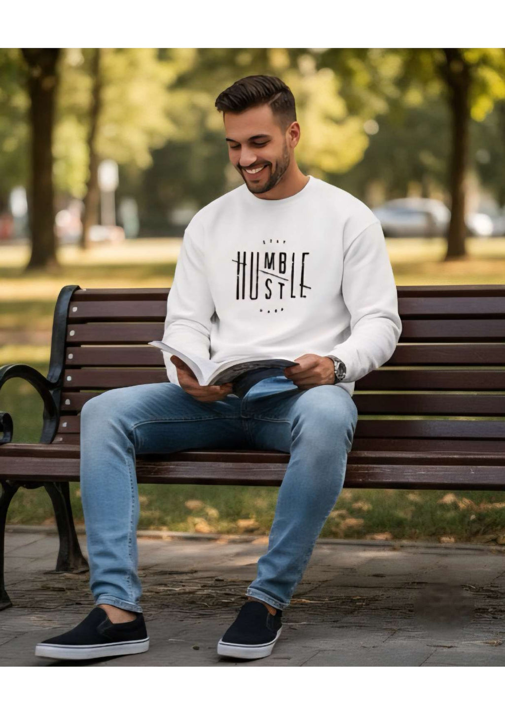 Men's White 'Stay Humble Hustle Hard' Graphic Sweatshirt – Crew Neck | Motivational Streetwear