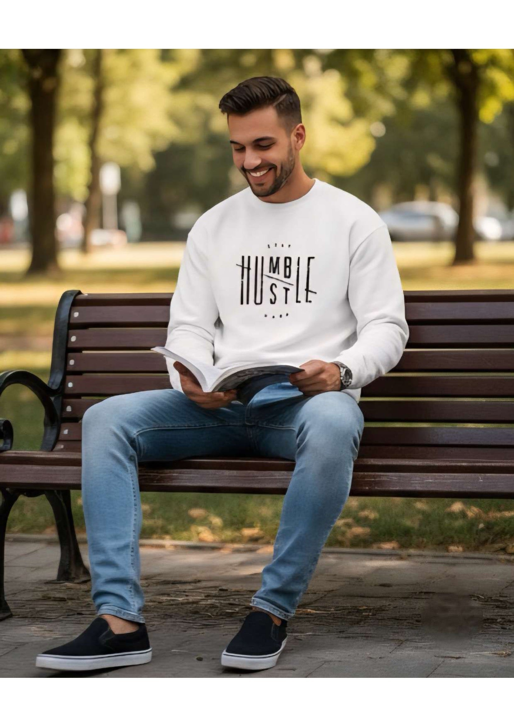 Men's White 'Stay Humble Hustle Hard' Graphic Sweatshirt – Crew Neck | Motivational Streetwear
