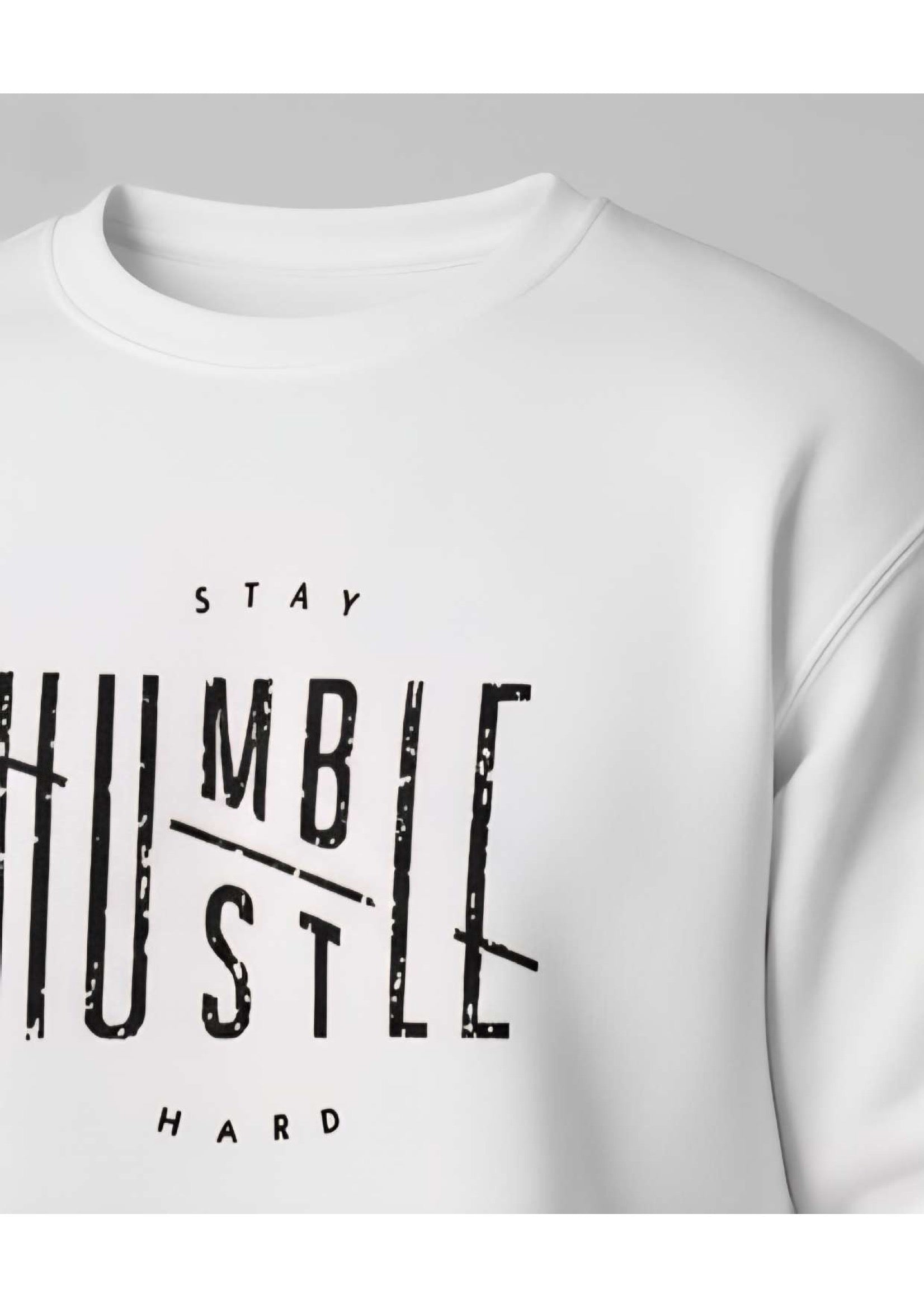 Men's White 'Stay Humble Hustle Hard' Graphic Sweatshirt – Crew Neck | Motivational Streetwear