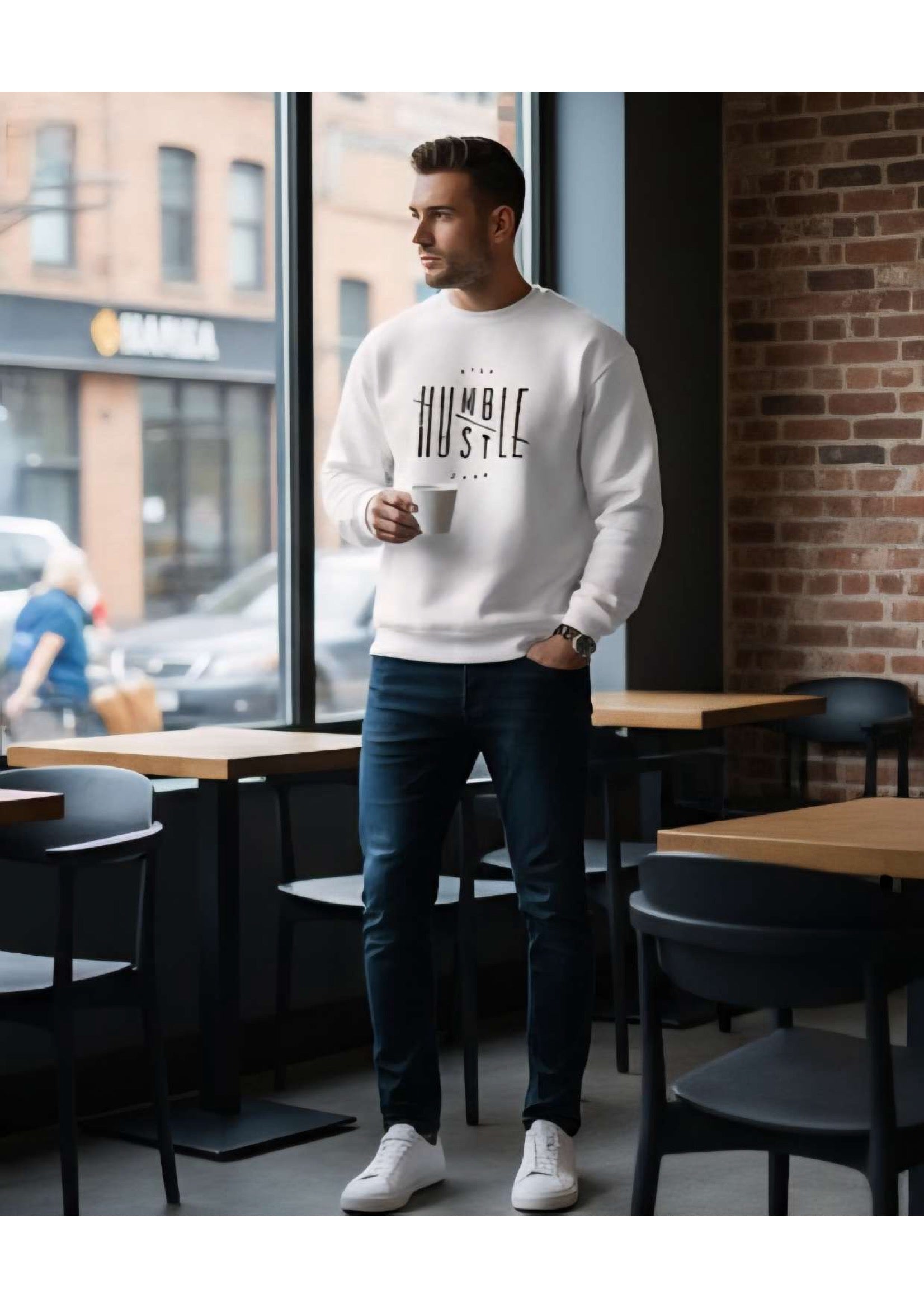 Men's White 'Stay Humble Hustle Hard' Graphic Sweatshirt – Crew Neck | Motivational Streetwear