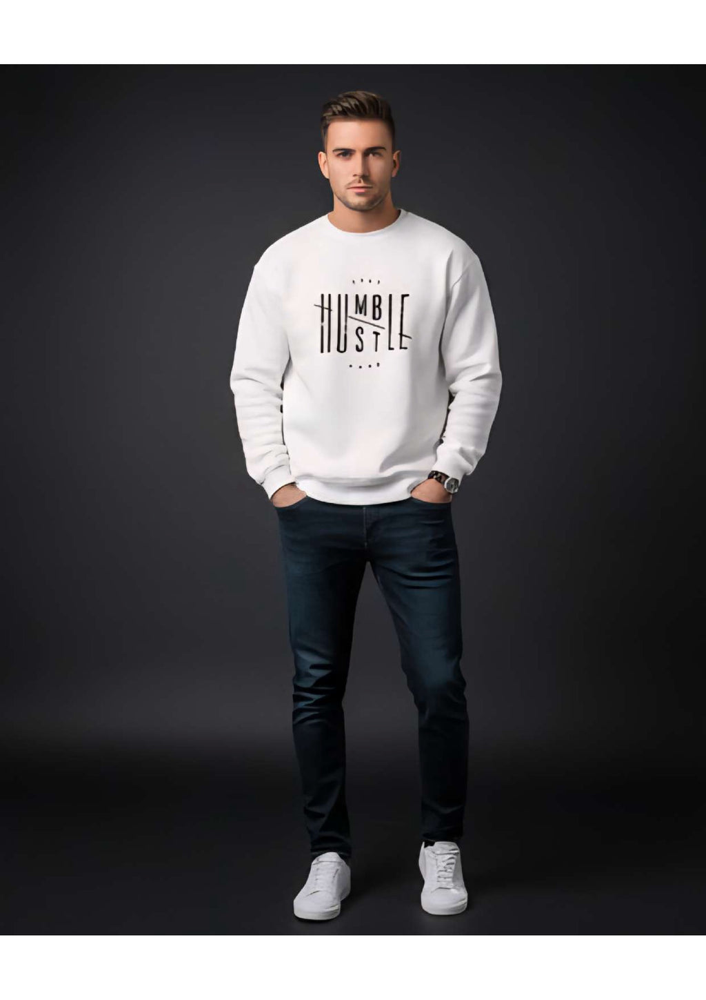Men's White 'Stay Humble Hustle Hard' Graphic Sweatshirt – Crew Neck | Motivational Streetwear