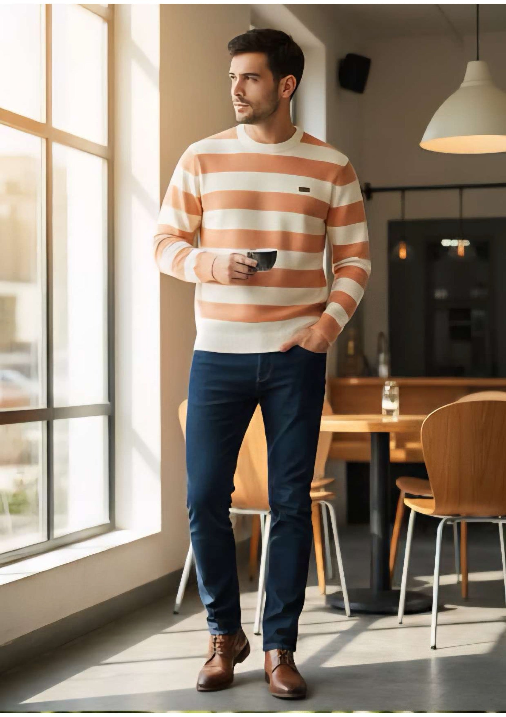 Men's Peach & Cream Bold Stripe Crew Neck Knit Sweater – Metal Badge Logo | Smart Casual Knitwear