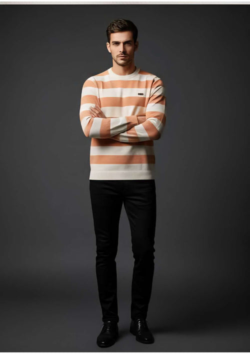 Men's Peach & Cream Bold Stripe Crew Neck Knit Sweater – Metal Badge Logo | Smart Casual Knitwear