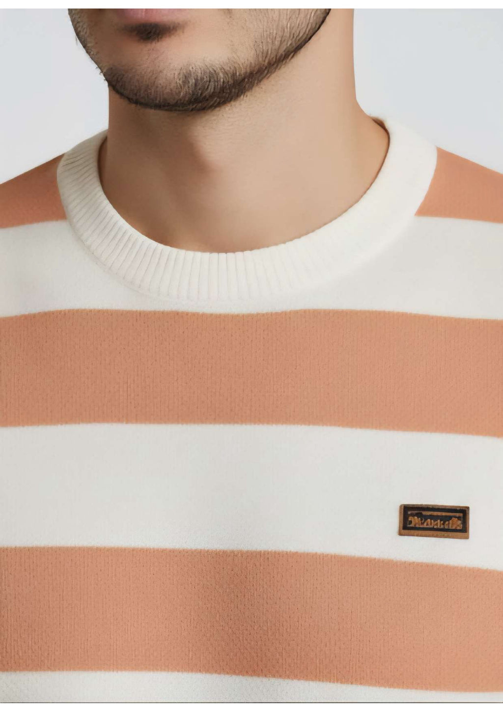 Men's Peach & Cream Bold Stripe Crew Neck Knit Sweater – Metal Badge Logo | Smart Casual Knitwear