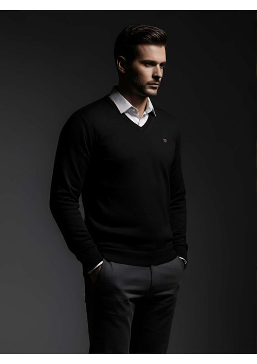Men's Jet Black V-Neck Full Sleeve Sweater – Shield Logo | Smart Casual Knitwear