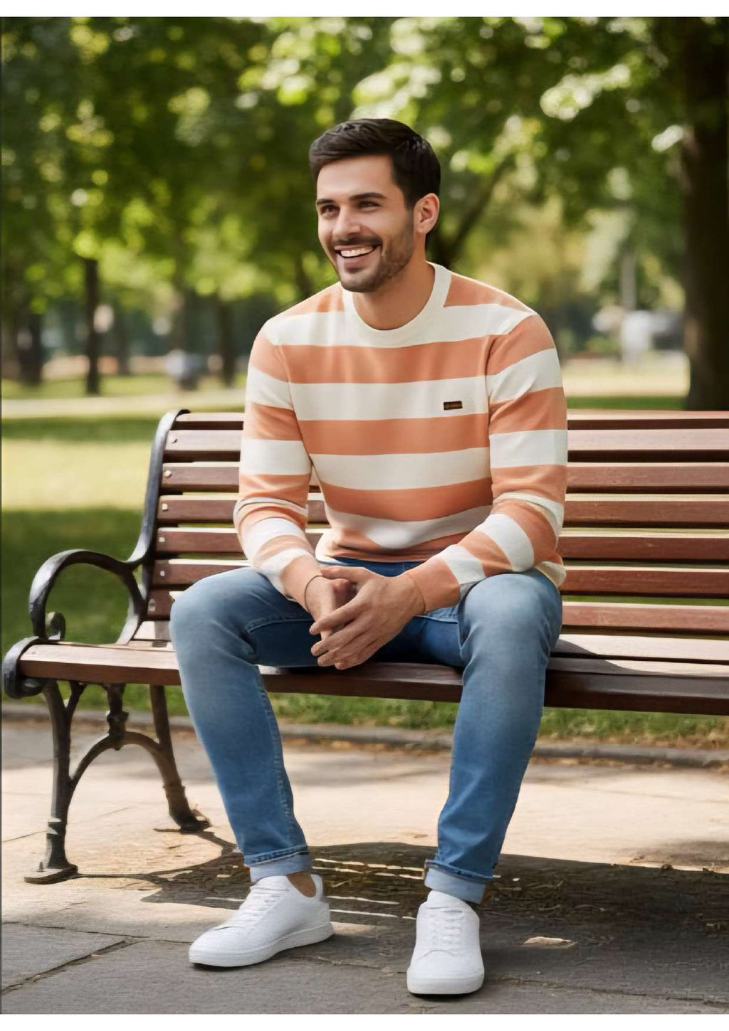Men's Peach & Cream Bold Stripe Crew Neck Knit Sweater – Metal Badge Logo | Smart Casual Knitwear