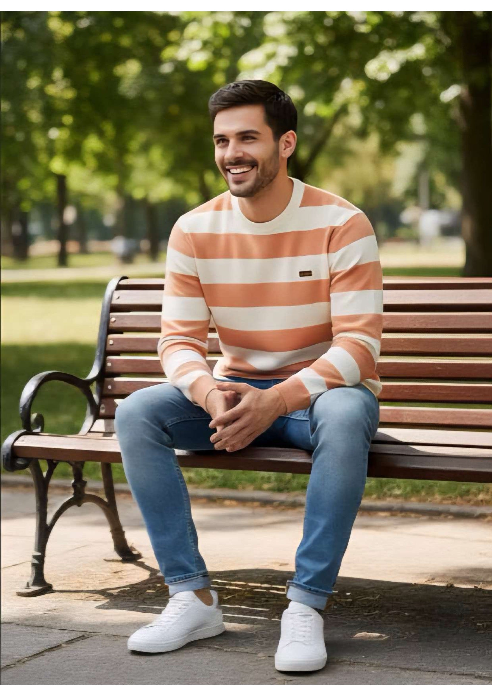Men's Peach & Cream Bold Stripe Crew Neck Knit Sweater – Metal Badge Logo | Smart Casual Knitwear