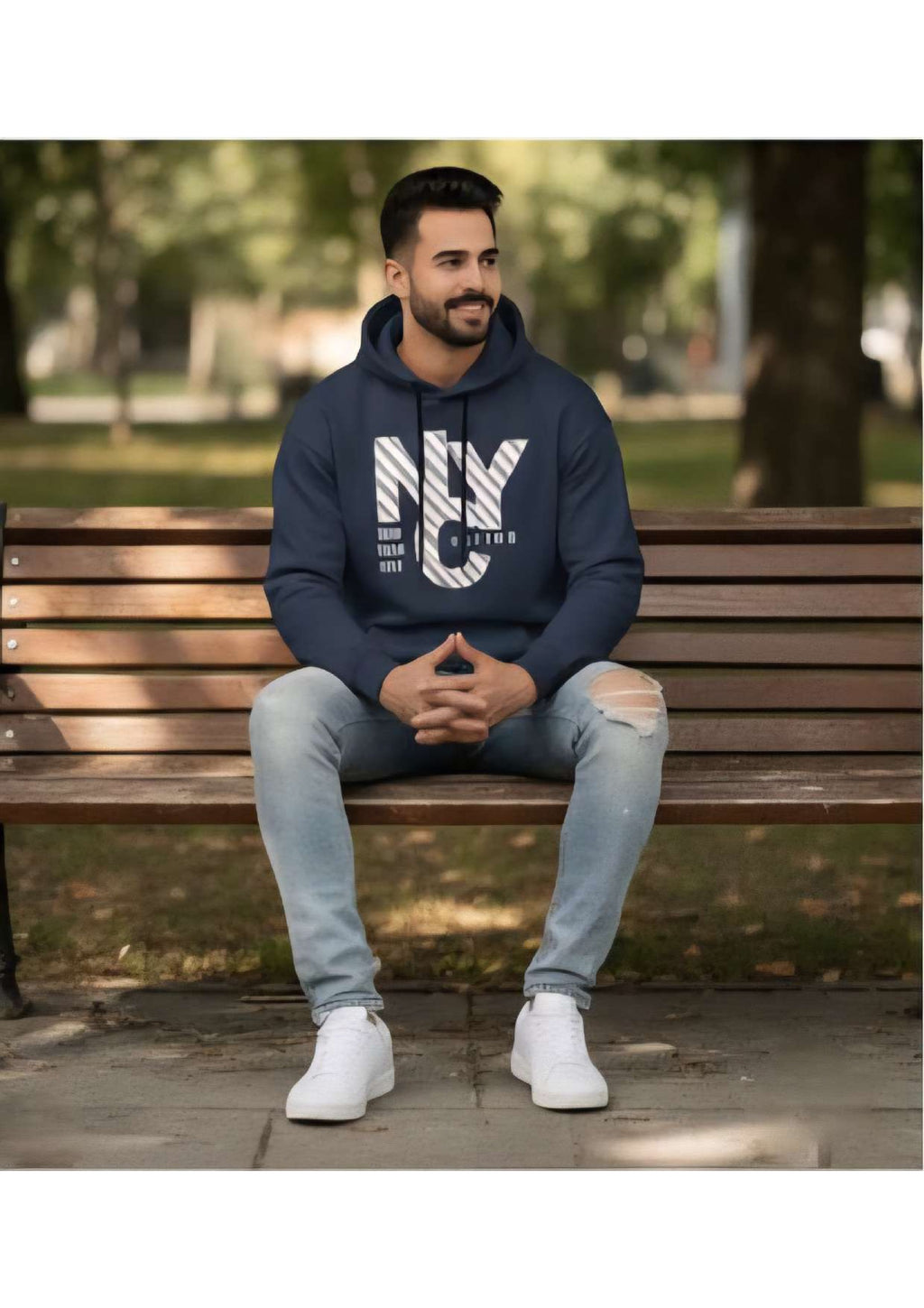 Men's Navy Blue 'NYC New York City' Graphic Hoodie – Diagonal Stripe Print | Casual Streetwear