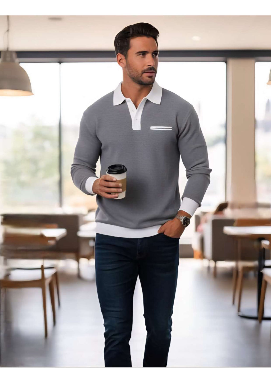 Men's Premium Long Sleeve Polo Sweatshirt – Grey with White Contrast Collar & Chest Pocket