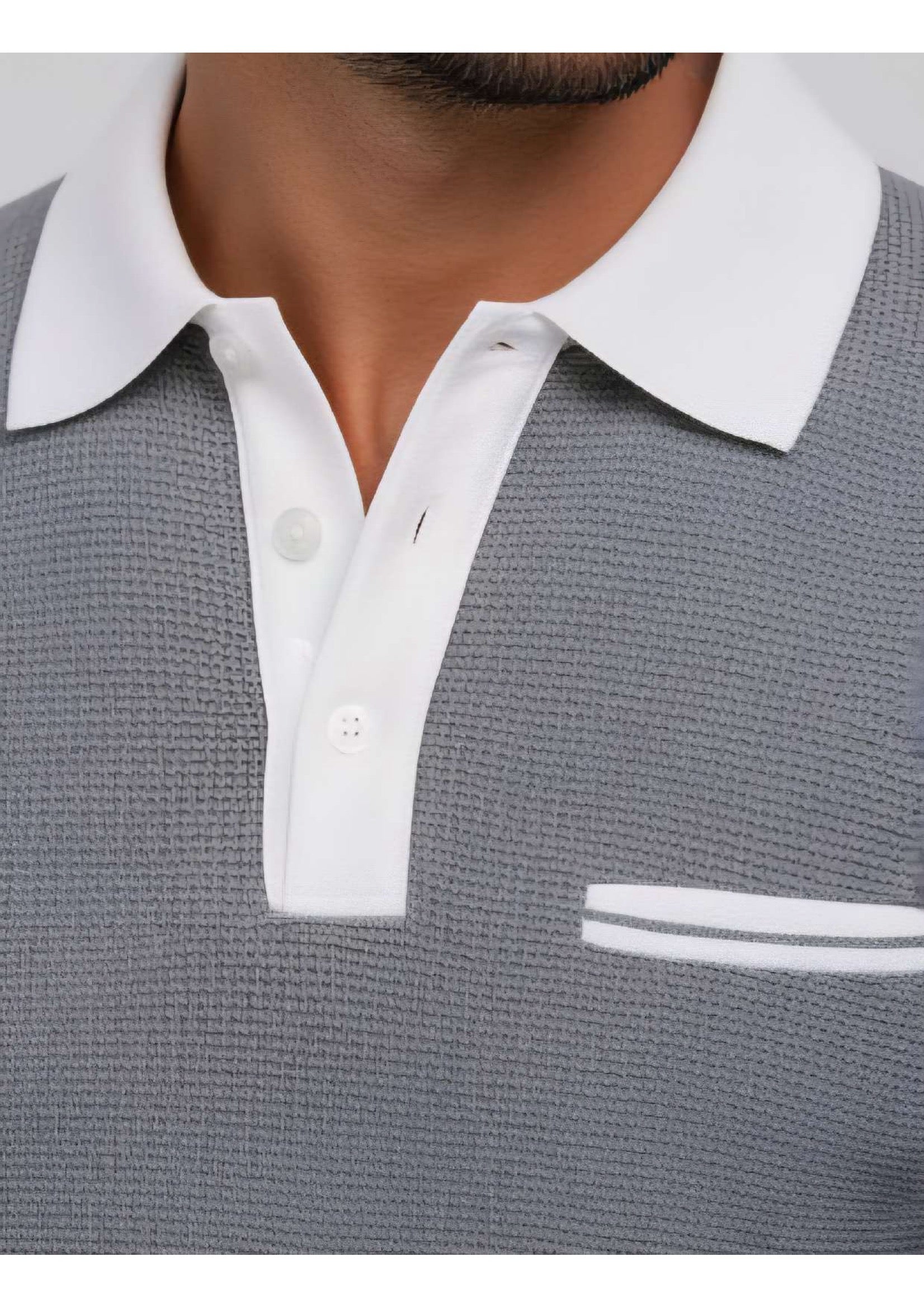 Men's Premium Long Sleeve Polo Sweatshirt – Grey with White Contrast Collar & Chest Pocket