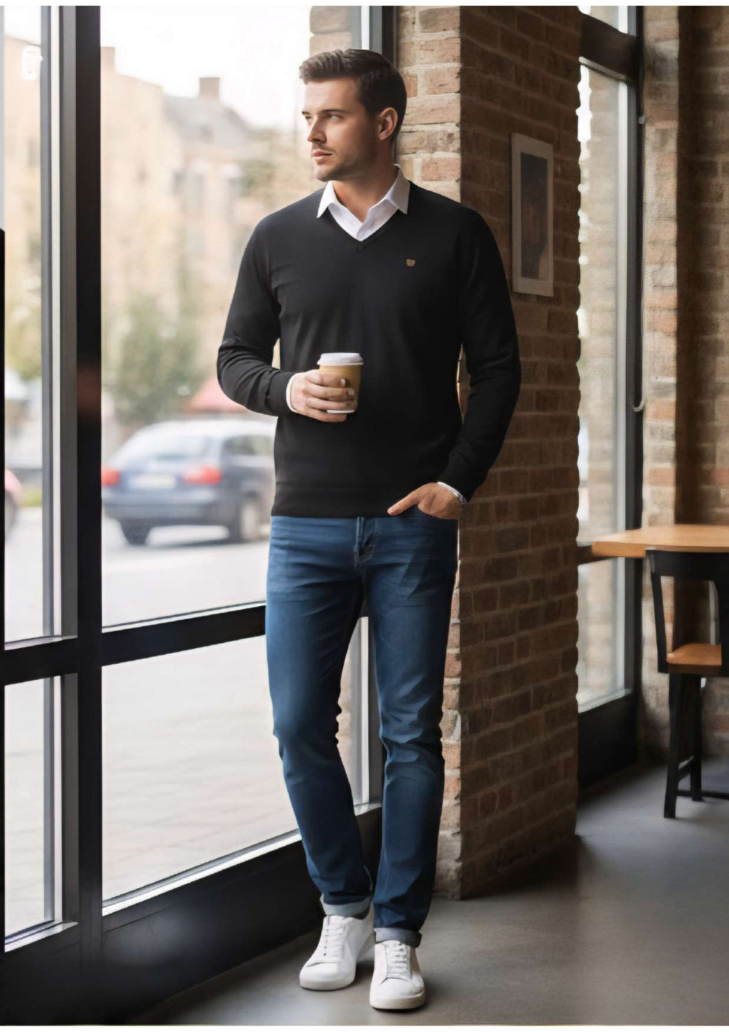 Men's Jet Black V-Neck Full Sleeve Sweater – Shield Logo | Smart Casual Knitwear