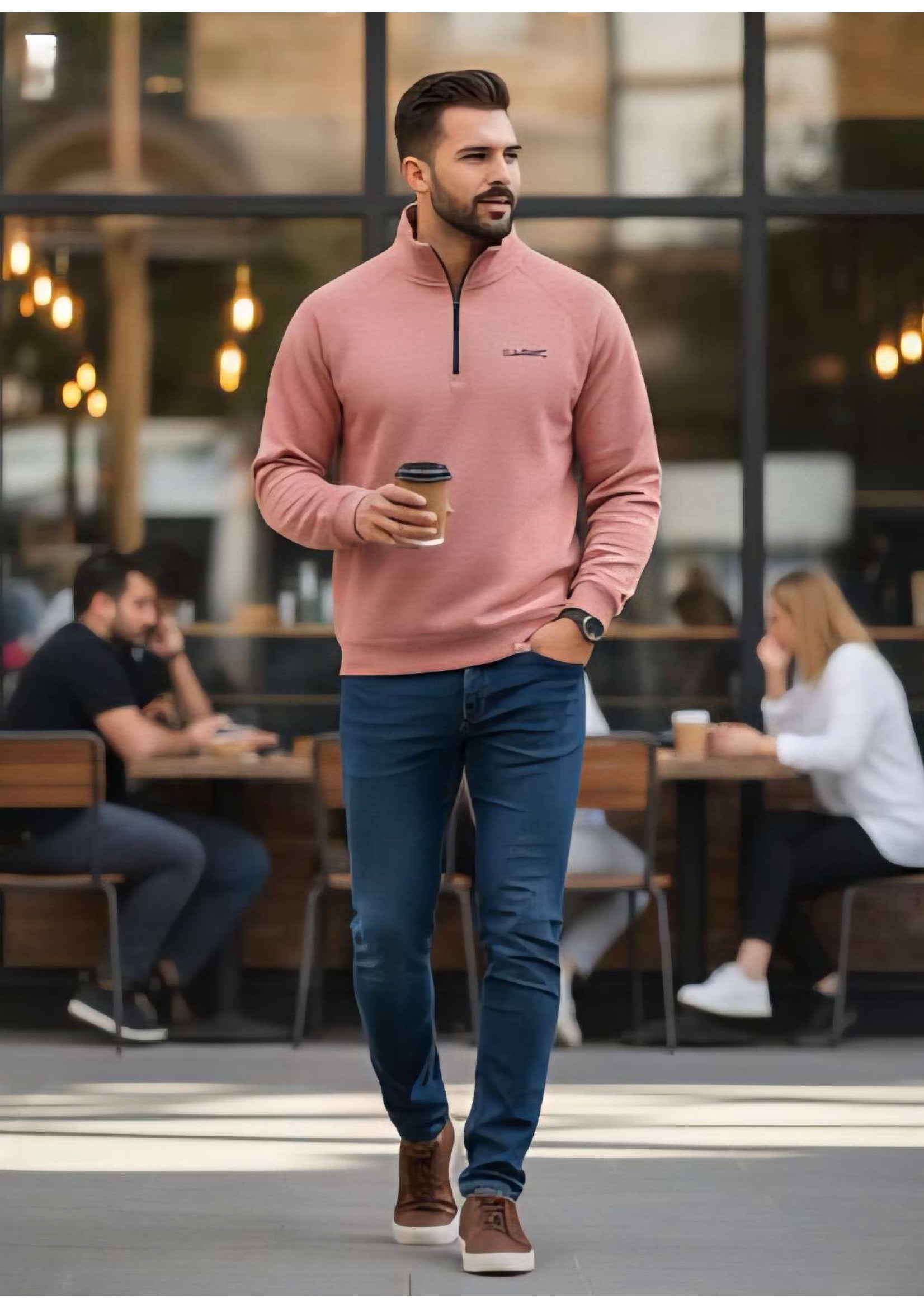 Men's Dusty Rose Quarter-Zip Ribbed Sweatshirt – Classic Logo | Smart Casual Fleece