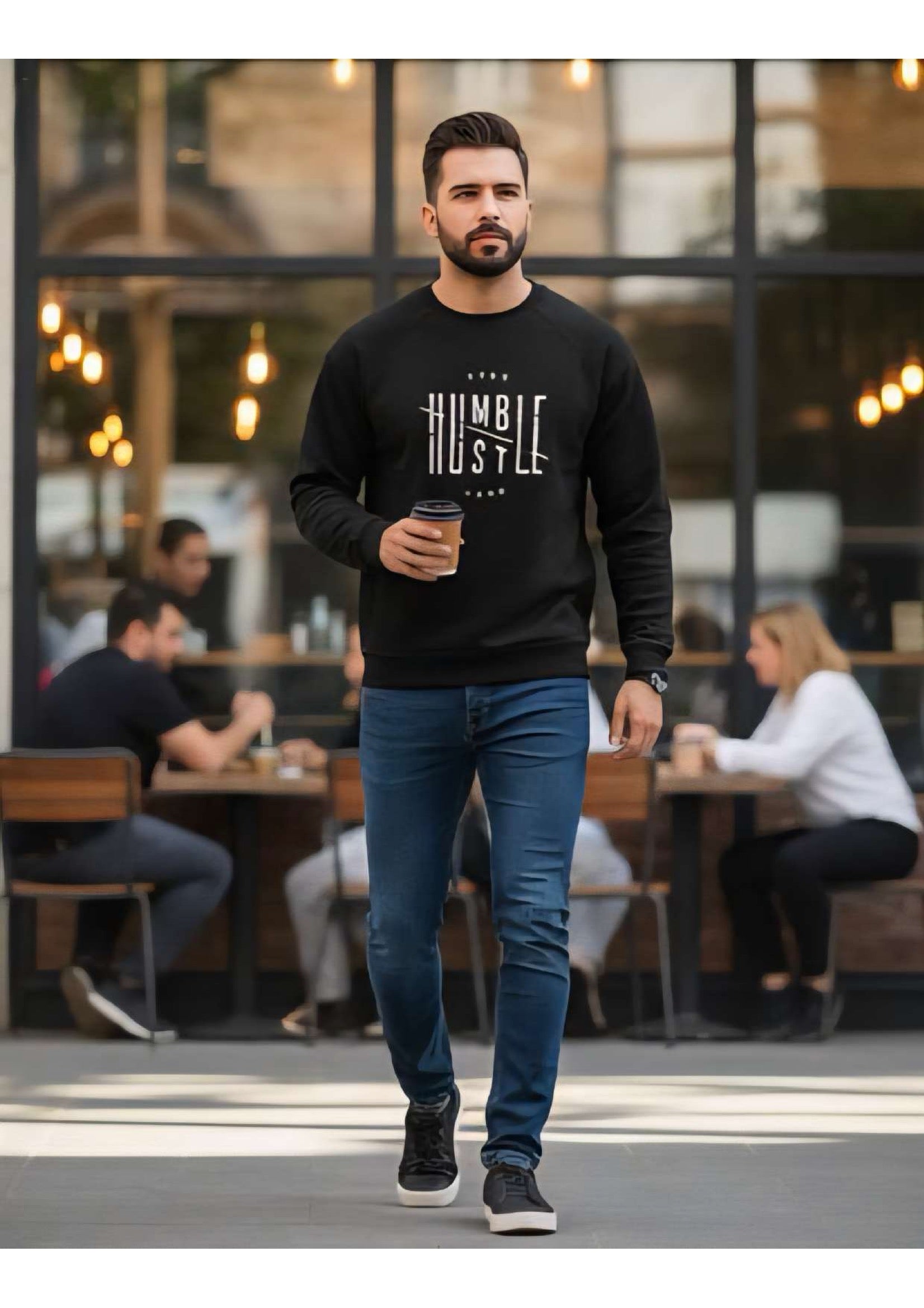 Men's Black 'Stay Humble Hustle Hard' Graphic Sweatshirt – Crew Neck | Motivational Streetwear