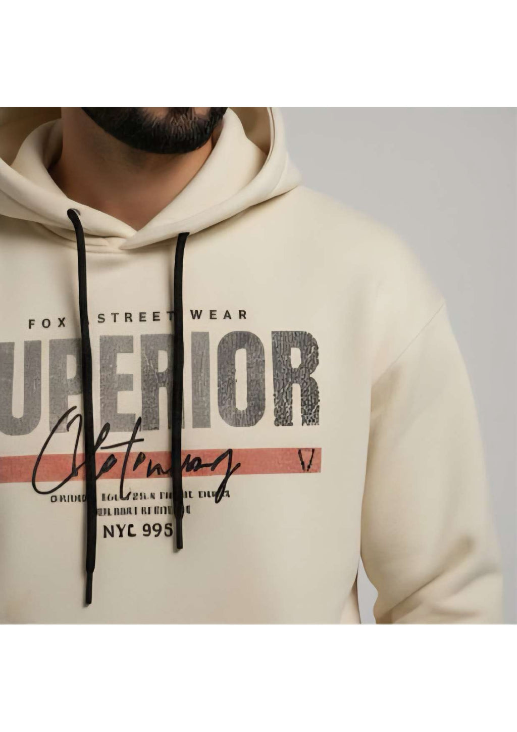 Men's Cream 'Superior' Fox Street Wear Graphic Hoodie – Distressed Print | Casual Streetwear