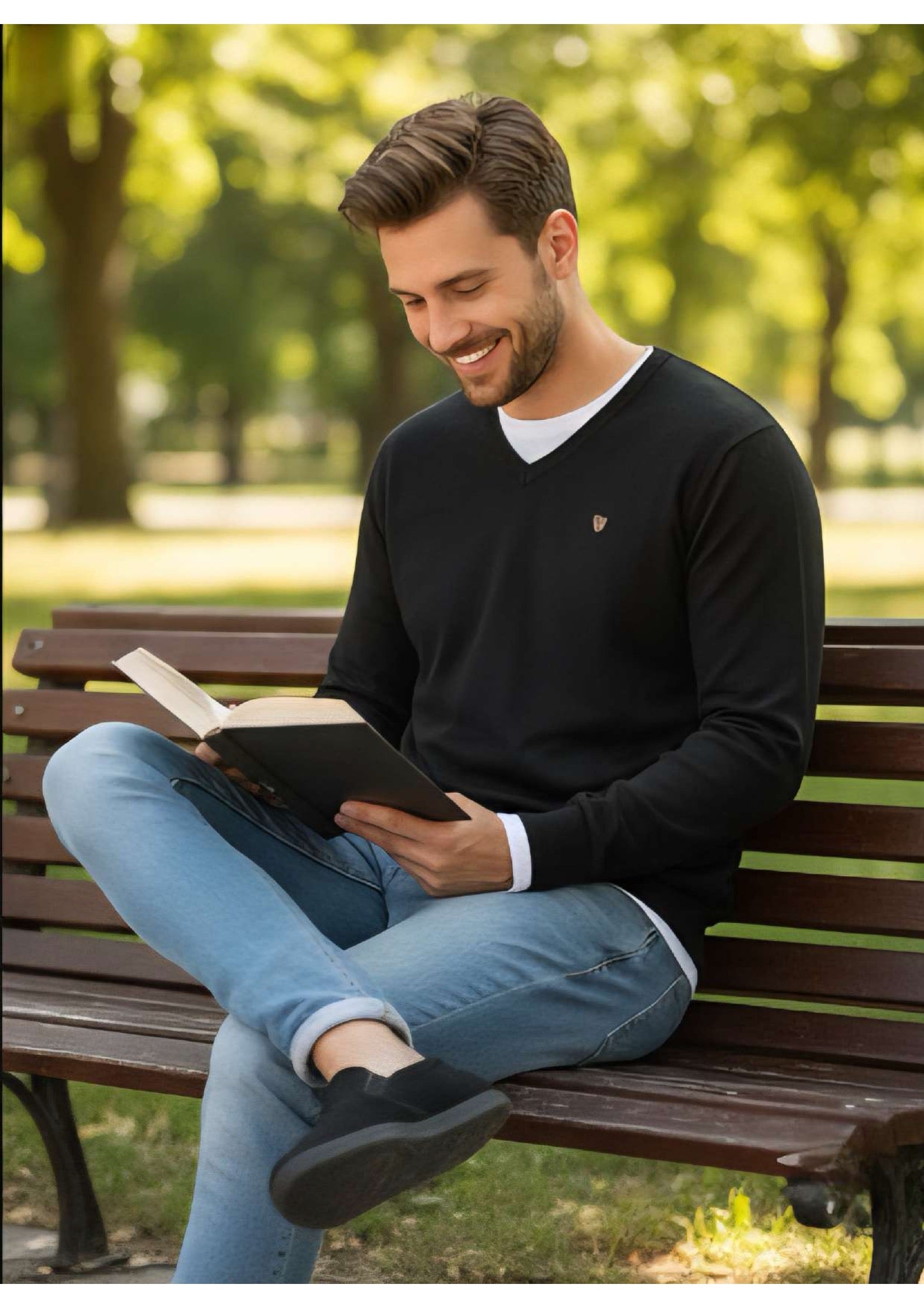Men's Jet Black V-Neck Full Sleeve Sweater – Shield Logo | Smart Casual Knitwear