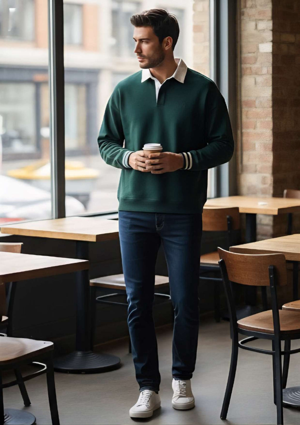 Men's Dark Forest Green Rugby Polo Sweatshirt – White Contrast Collar & Stripe Cuffs | Smart Casual