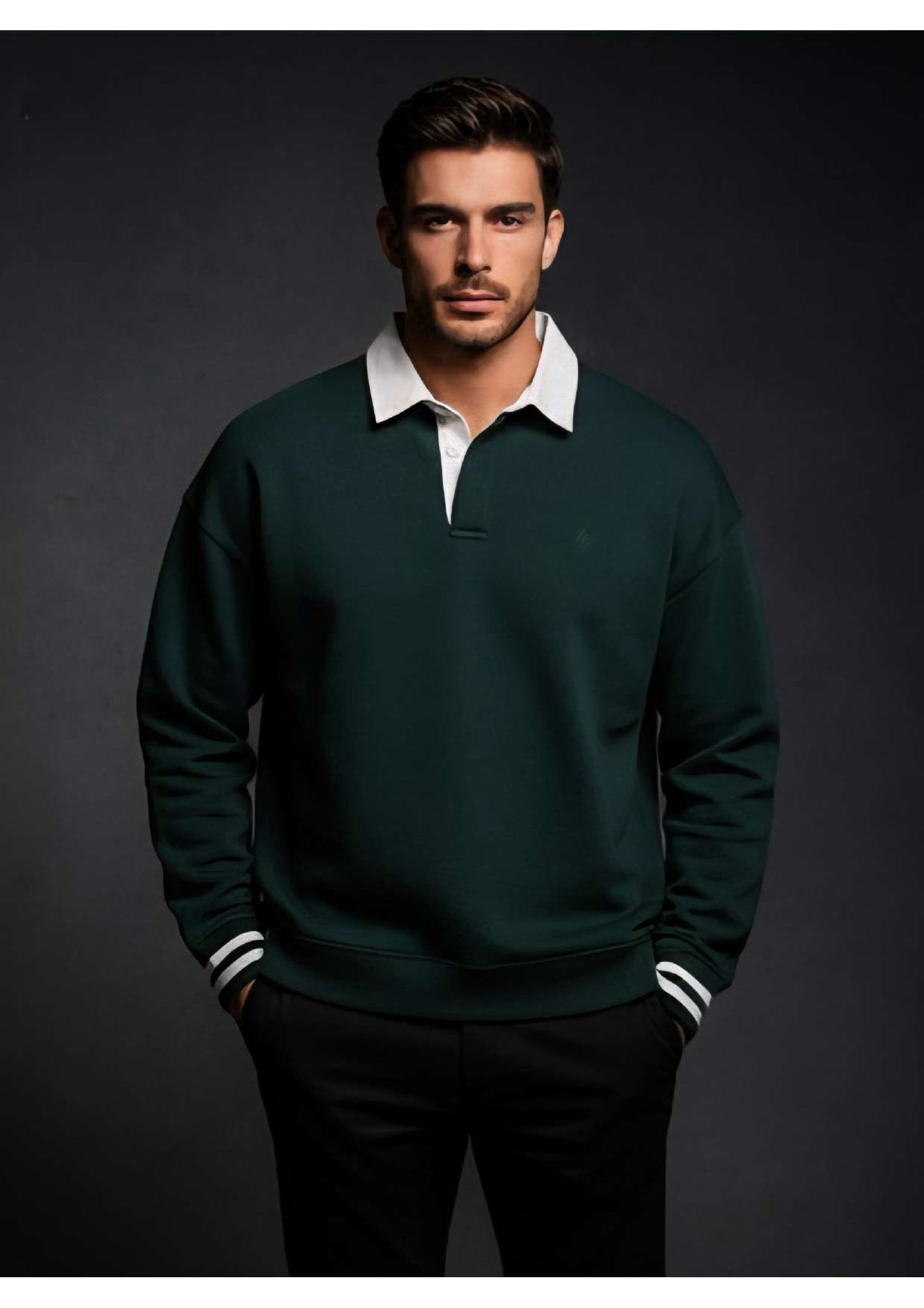 Men's Dark Forest Green Rugby Polo Sweatshirt – White Contrast Collar & Stripe Cuffs | Smart Casual