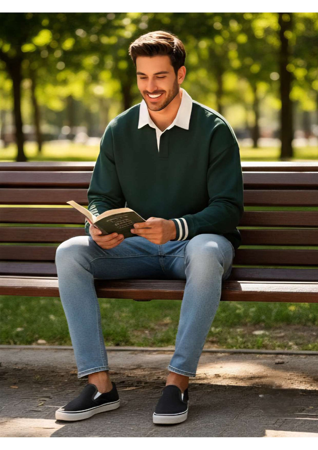 Men's Dark Forest Green Rugby Polo Sweatshirt – White Contrast Collar & Stripe Cuffs | Smart Casual