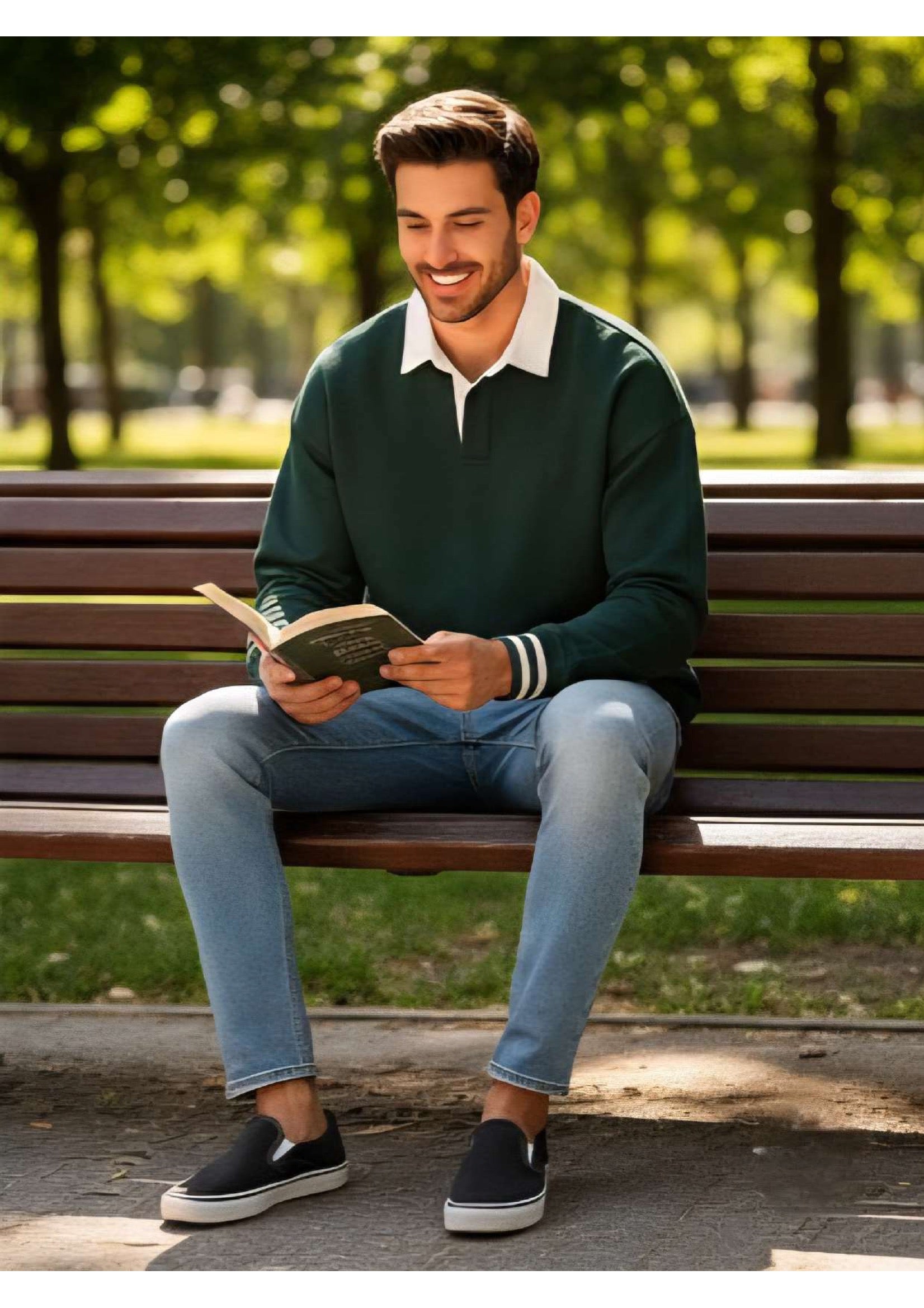Men's Dark Forest Green Rugby Polo Sweatshirt – White Contrast Collar & Stripe Cuffs | Smart Casual