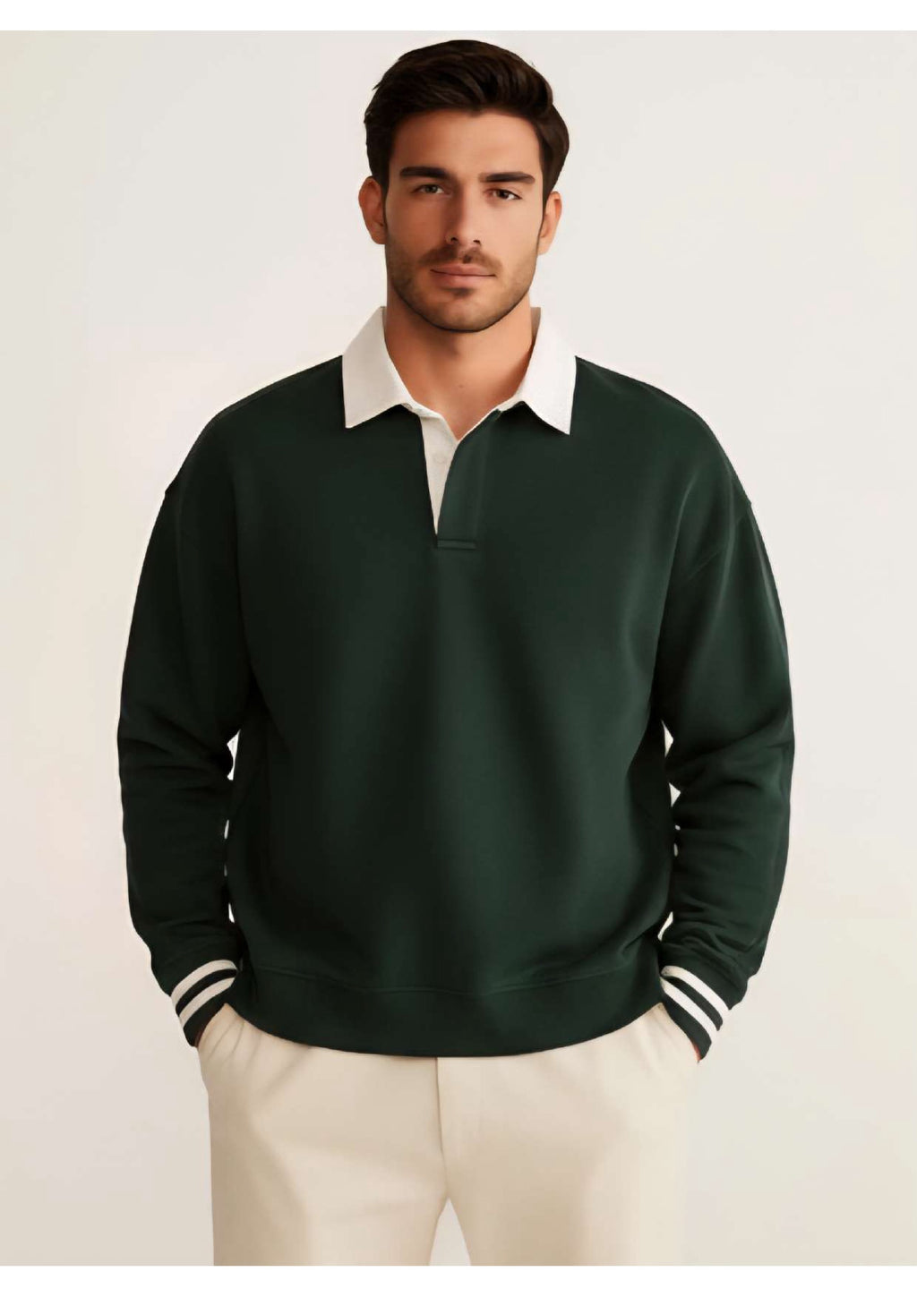 Men's Dark Forest Green Rugby Polo Sweatshirt – White Contrast Collar & Stripe Cuffs | Smart Casual