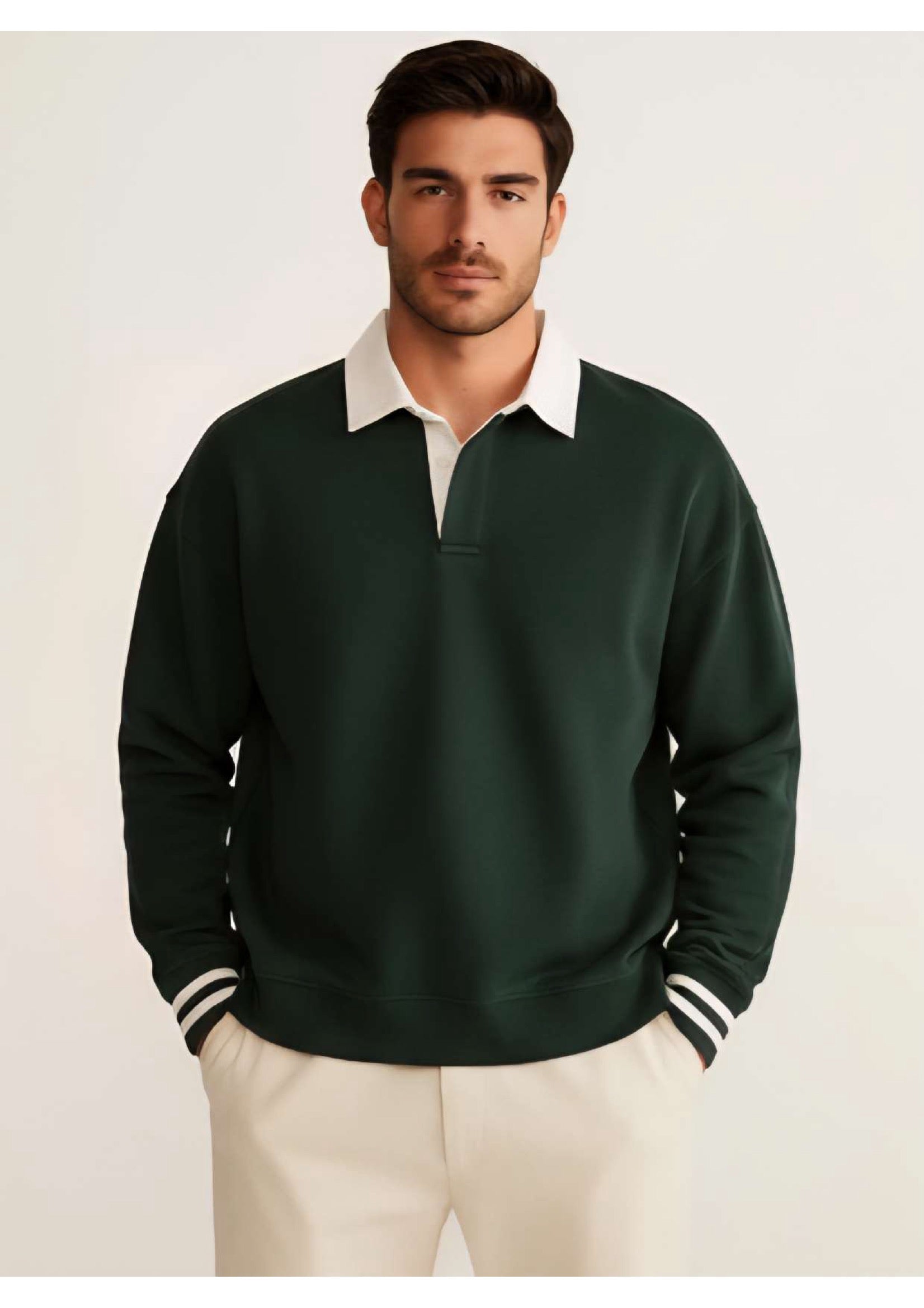 Men's Dark Forest Green Rugby Polo Sweatshirt – White Contrast Collar & Stripe Cuffs | Smart Casual