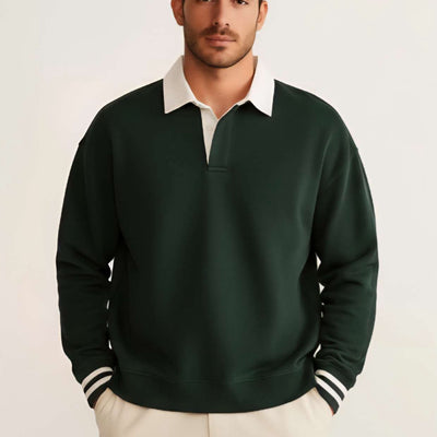 Men's Dark Forest Green Rugby Polo Sweatshirt – White Contrast Collar & Stripe Cuffs | Smart Casual