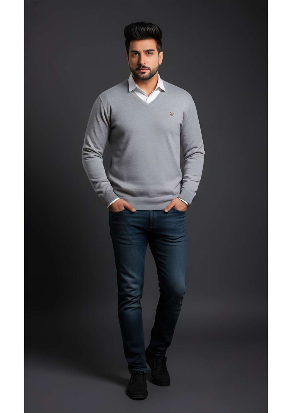 Men's Light Grey V-Neck Full Sleeve Sweater – Shield Logo | Smart Casual Knitwear