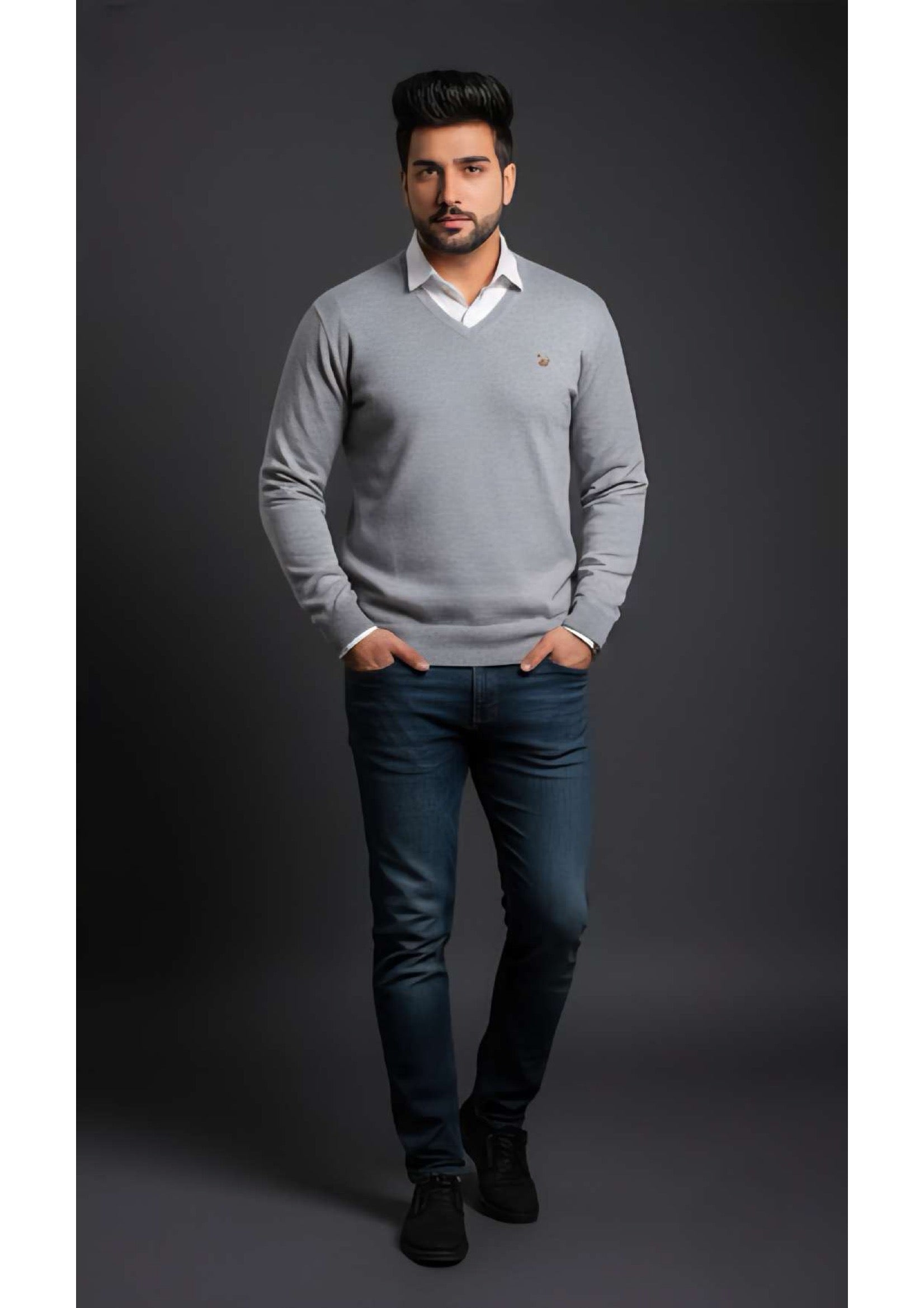Men's Light Grey V-Neck Full Sleeve Sweater – Shield Logo | Smart Casual Knitwear