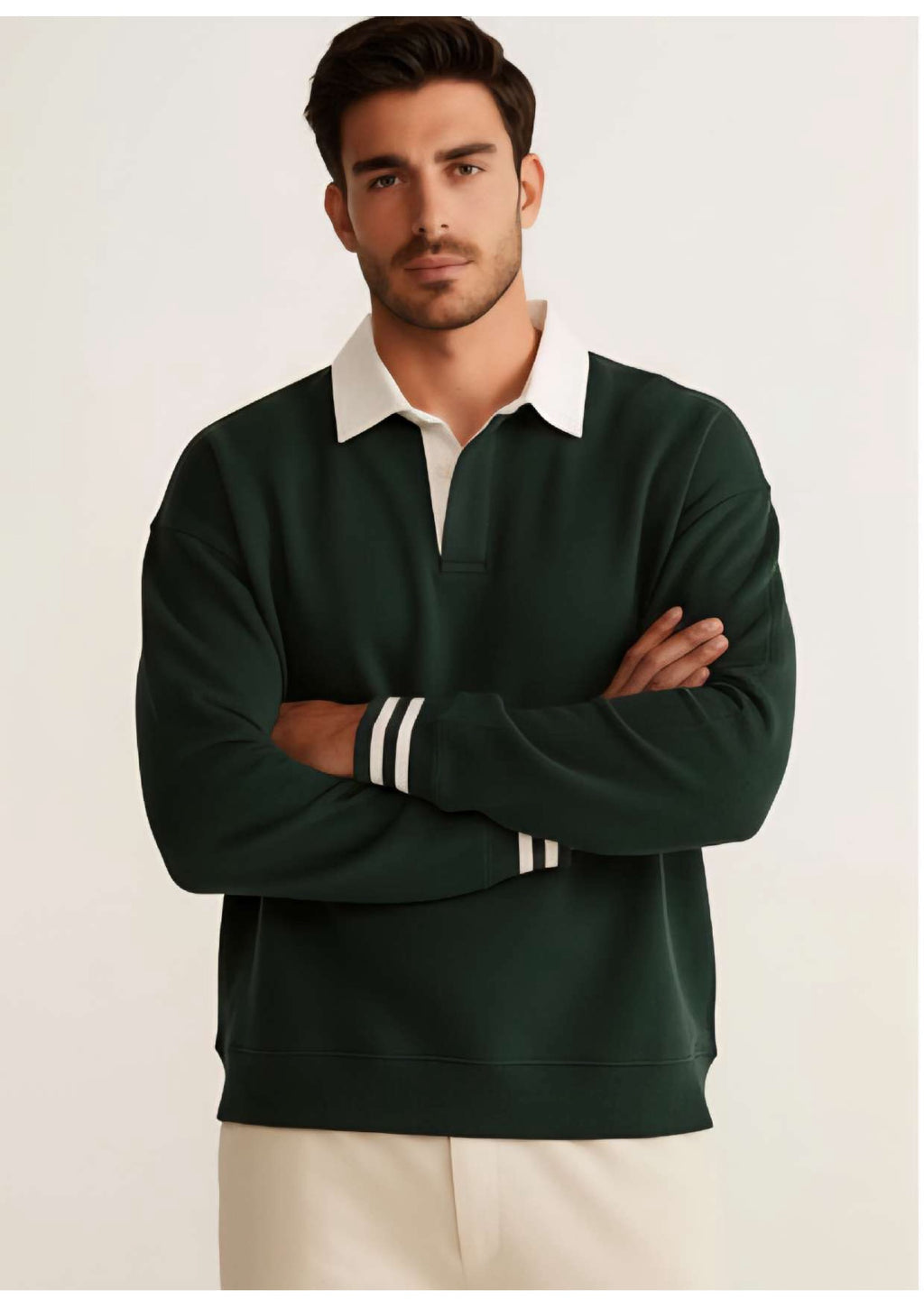 Men's Dark Forest Green Rugby Polo Sweatshirt – White Contrast Collar & Stripe Cuffs | Smart Casual