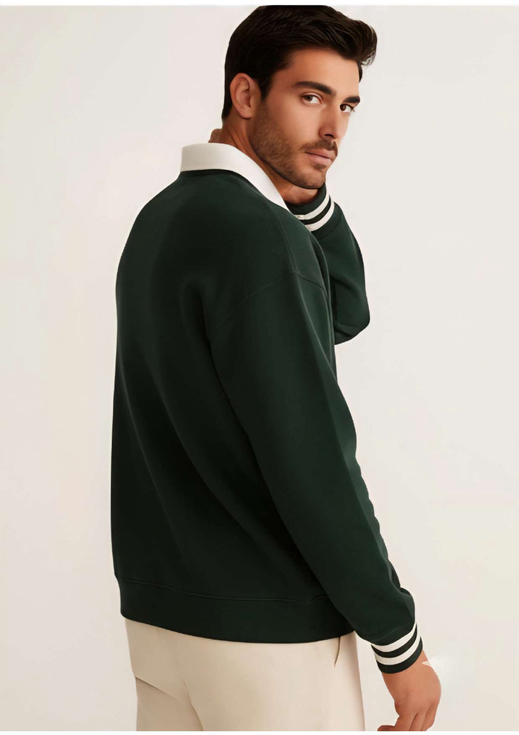 Men's Dark Forest Green Rugby Polo Sweatshirt – White Contrast Collar & Stripe Cuffs | Smart Casual