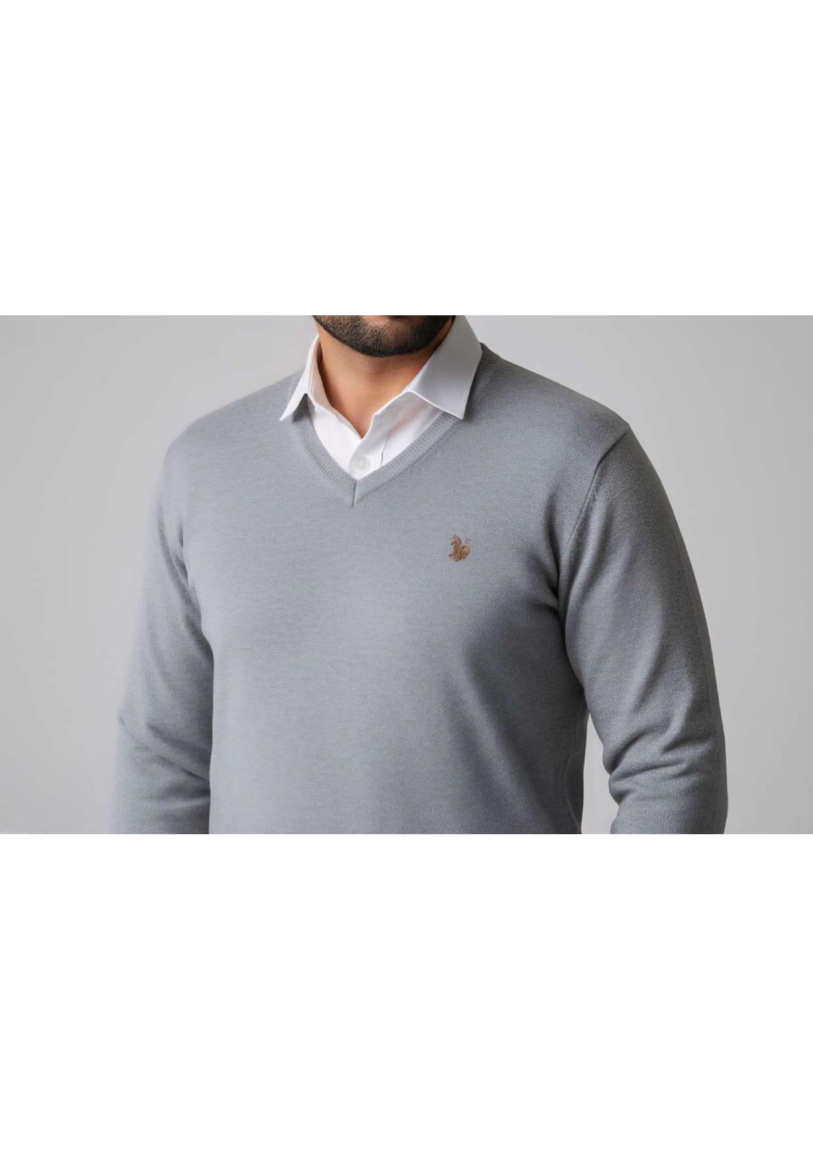 Men's Light Grey V-Neck Full Sleeve Sweater – Shield Logo | Smart Casual Knitwear