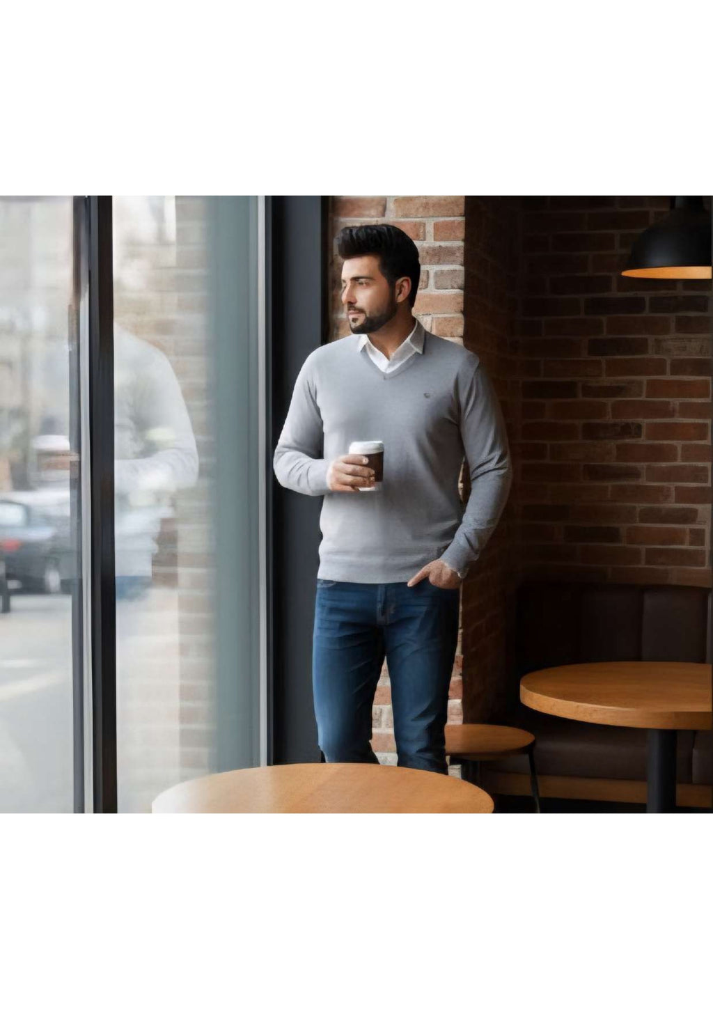 Men's Light Grey V-Neck Full Sleeve Sweater – Shield Logo | Smart Casual Knitwear