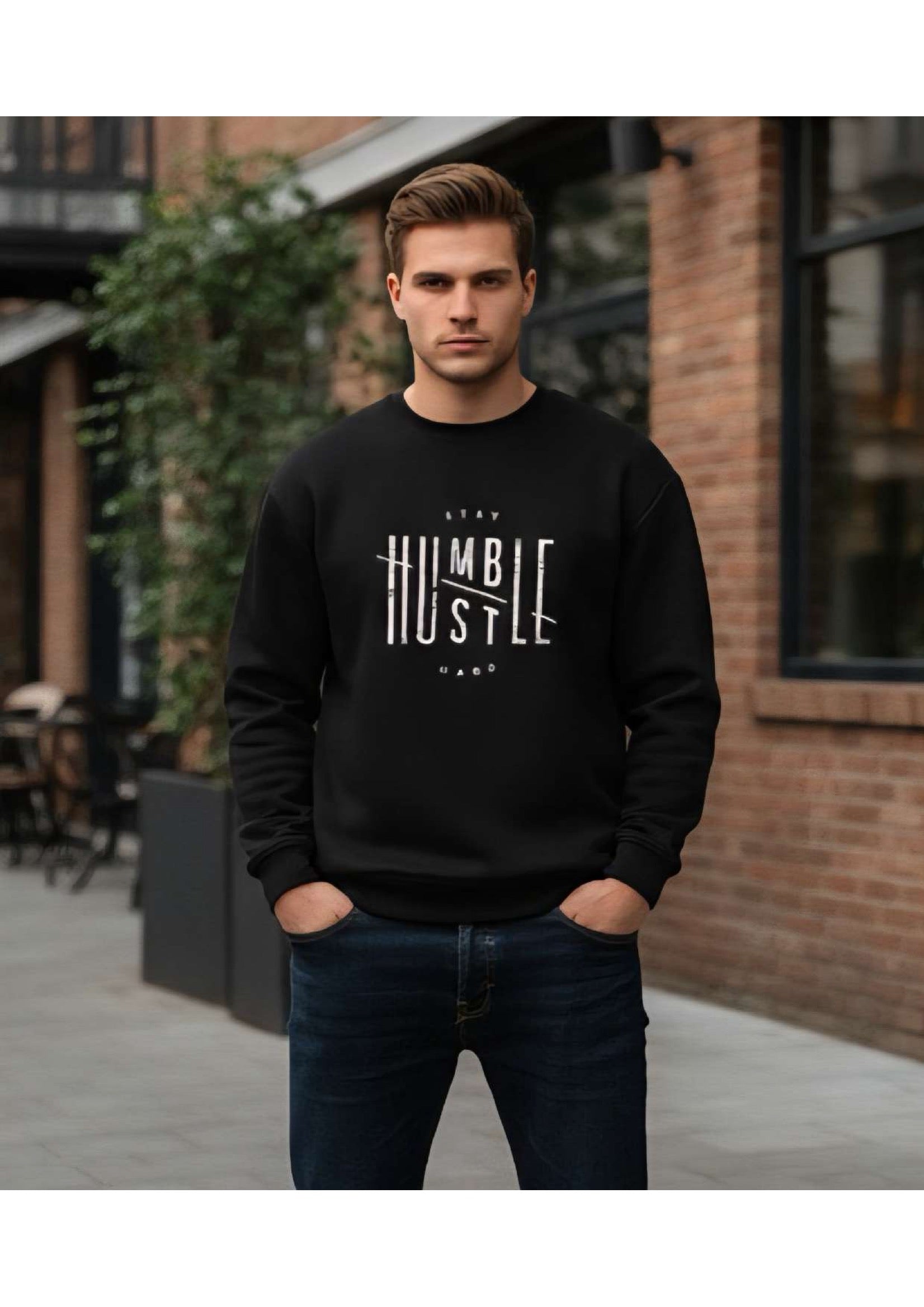 Men's Black 'Stay Humble Hustle Hard' Graphic Sweatshirt – Crew Neck | Motivational Streetwear