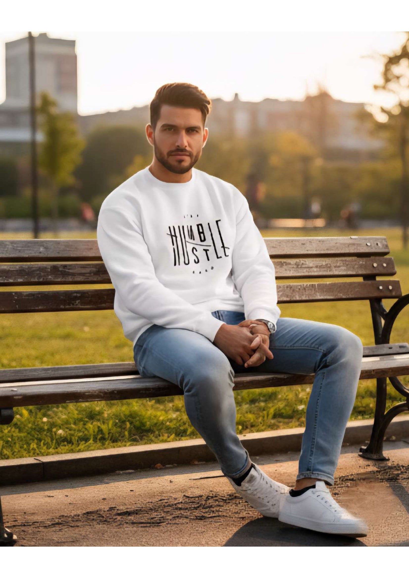Men's White 'Stay Humble Hustle Hard' Graphic Sweatshirt – Crew Neck | Motivational Streetwear