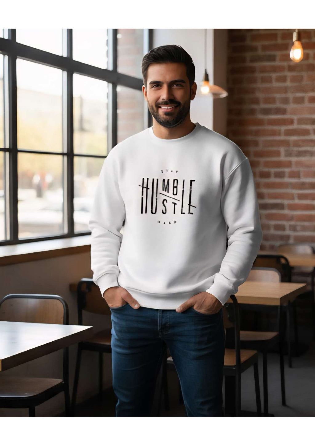 Men's White 'Stay Humble Hustle Hard' Graphic Sweatshirt – Crew Neck | Motivational Streetwear