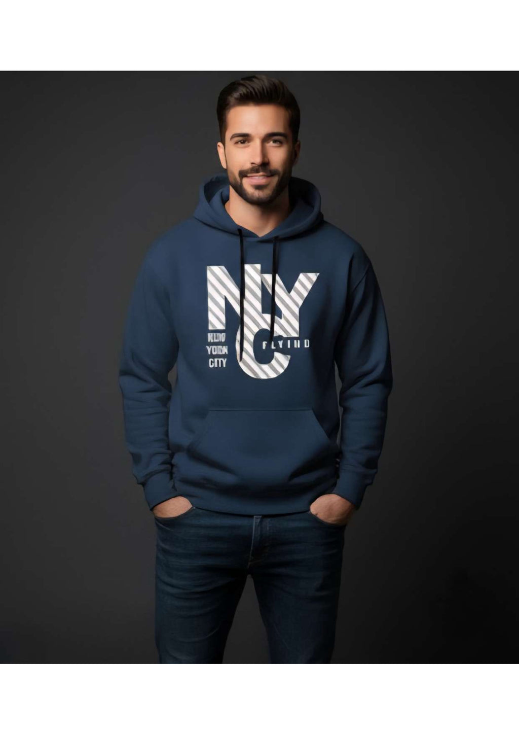 Men's Navy Blue 'NYC New York City' Graphic Hoodie – Diagonal Stripe Print | Casual Streetwear
