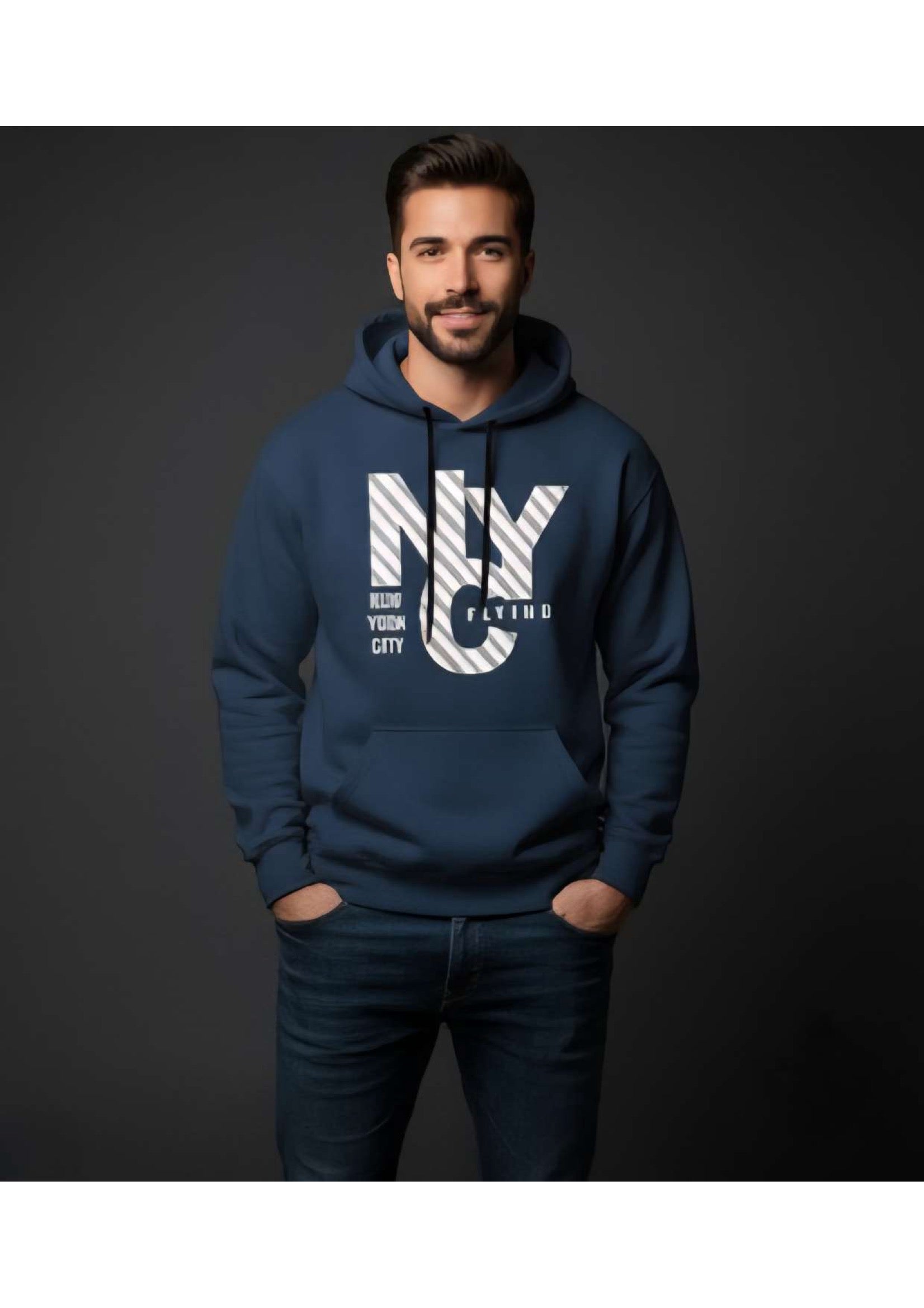 Men's Navy Blue 'NYC New York City' Graphic Hoodie – Diagonal Stripe Print | Casual Streetwear
