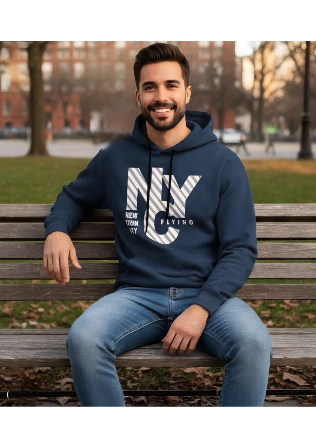 Men's Navy Blue 'NYC New York City' Graphic Hoodie – Diagonal Stripe Print | Casual Streetwear
