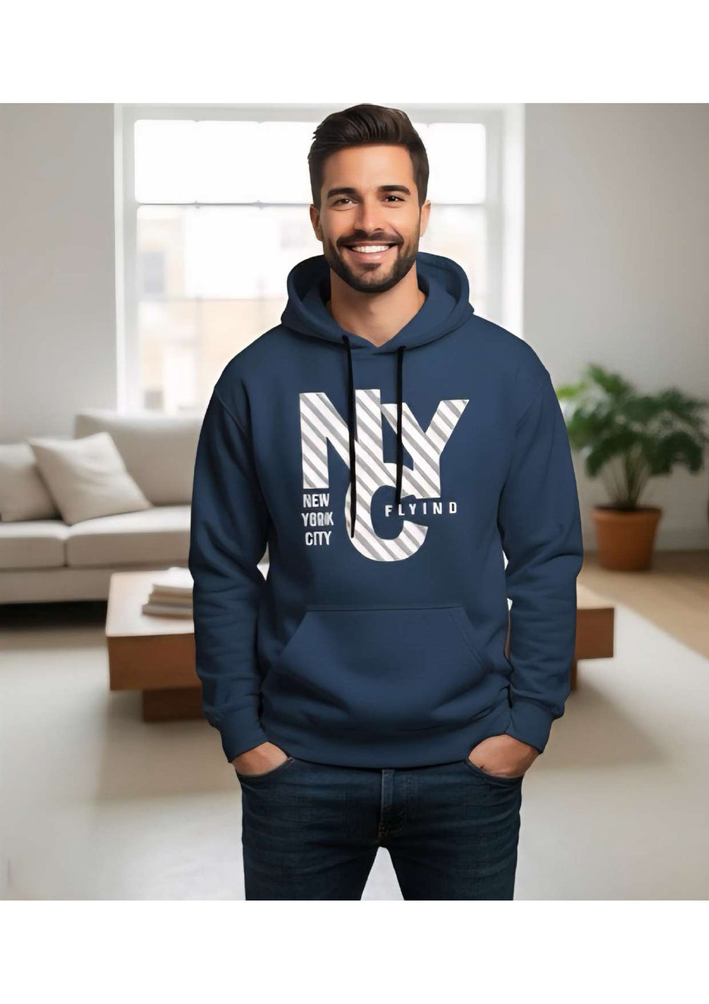 Men's Navy Blue 'NYC New York City' Graphic Hoodie – Diagonal Stripe Print | Casual Streetwear