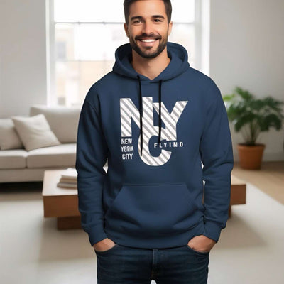 Men's Navy Blue 'NYC New York City' Graphic Hoodie – Diagonal Stripe Print | Casual Streetwear