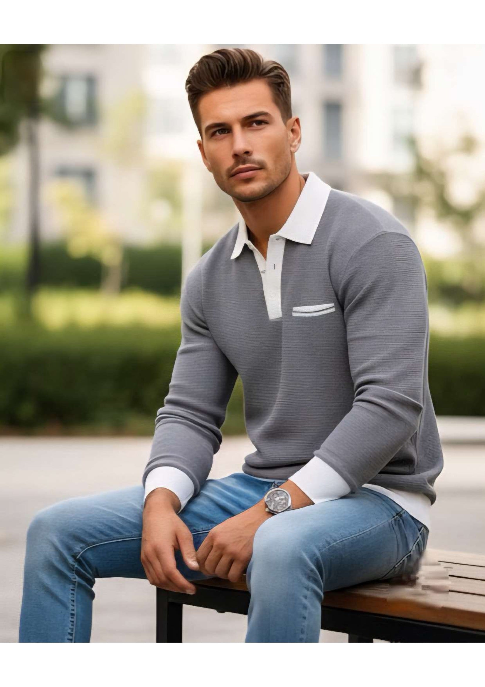 Men's Premium Long Sleeve Polo Sweatshirt – Grey with White Contrast Collar & Chest Pocket