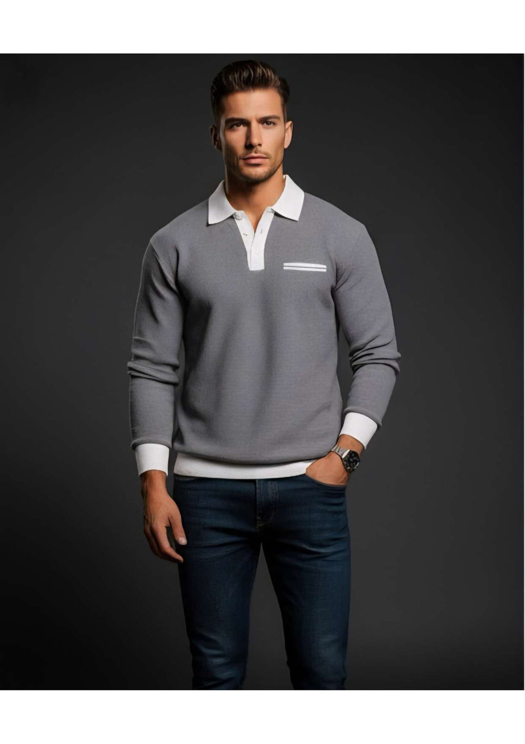 Men's Premium Long Sleeve Polo Sweatshirt – Grey with White Contrast Collar & Chest Pocket