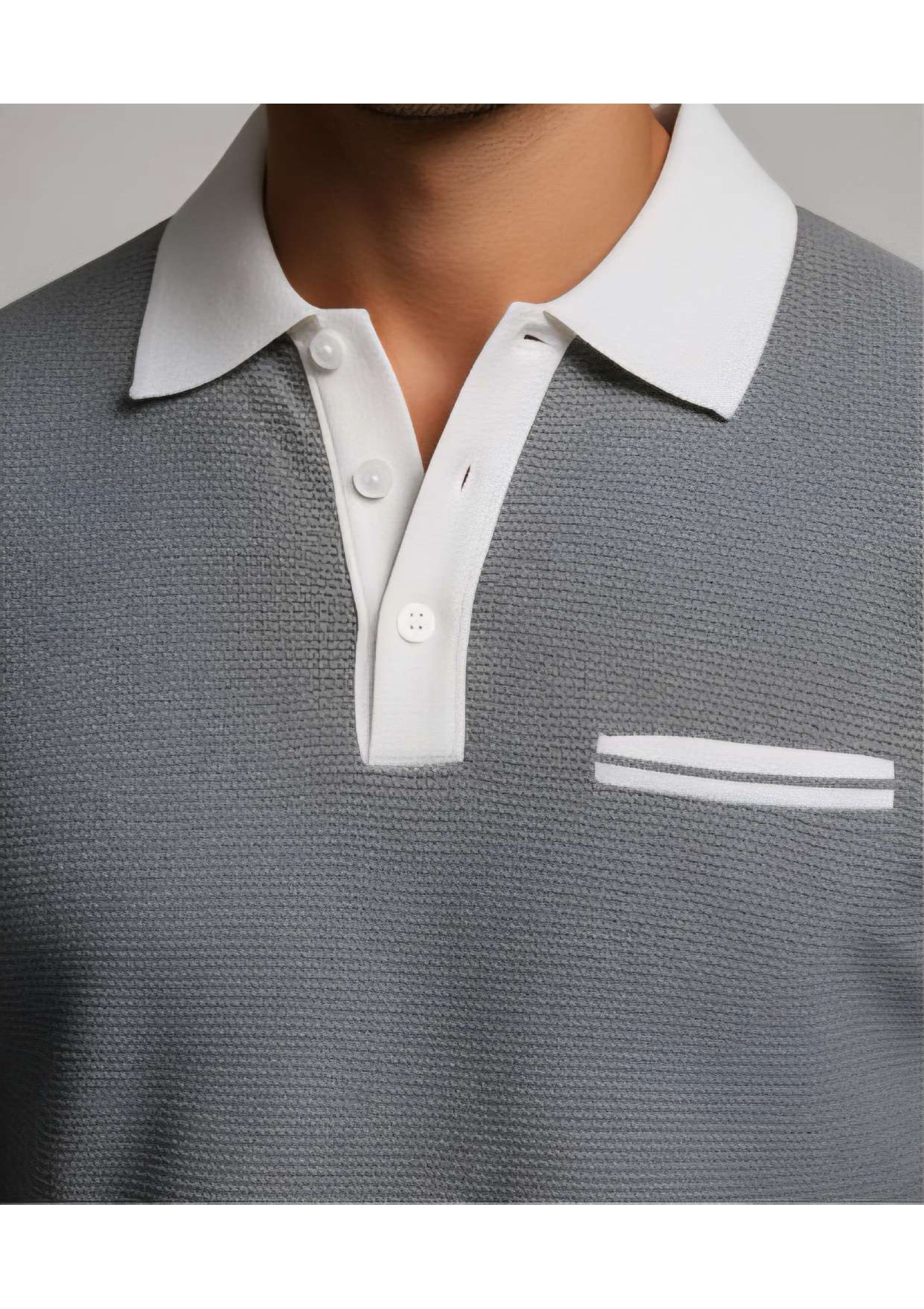 Men's Premium Long Sleeve Polo Sweatshirt – Grey with White Contrast Collar & Chest Pocket