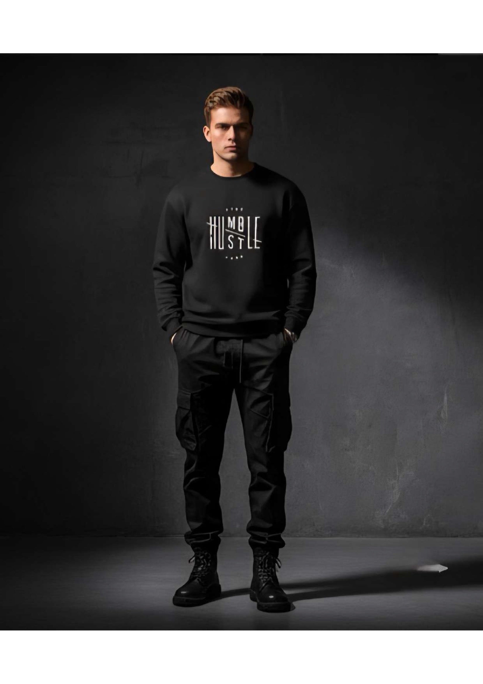 Men's Black 'Stay Humble Hustle Hard' Graphic Sweatshirt – Crew Neck | Motivational Streetwear