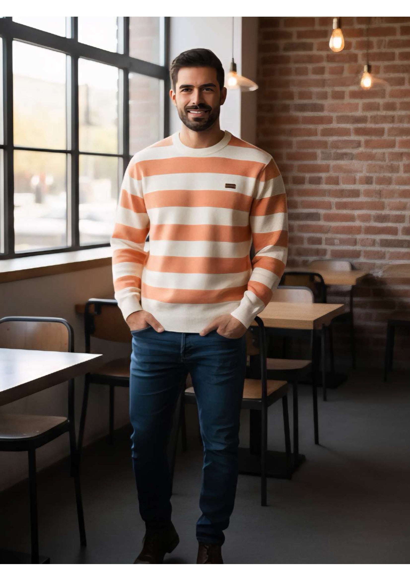 Men's Peach & Cream Bold Stripe Crew Neck Knit Sweater – Metal Badge Logo | Smart Casual Knitwear