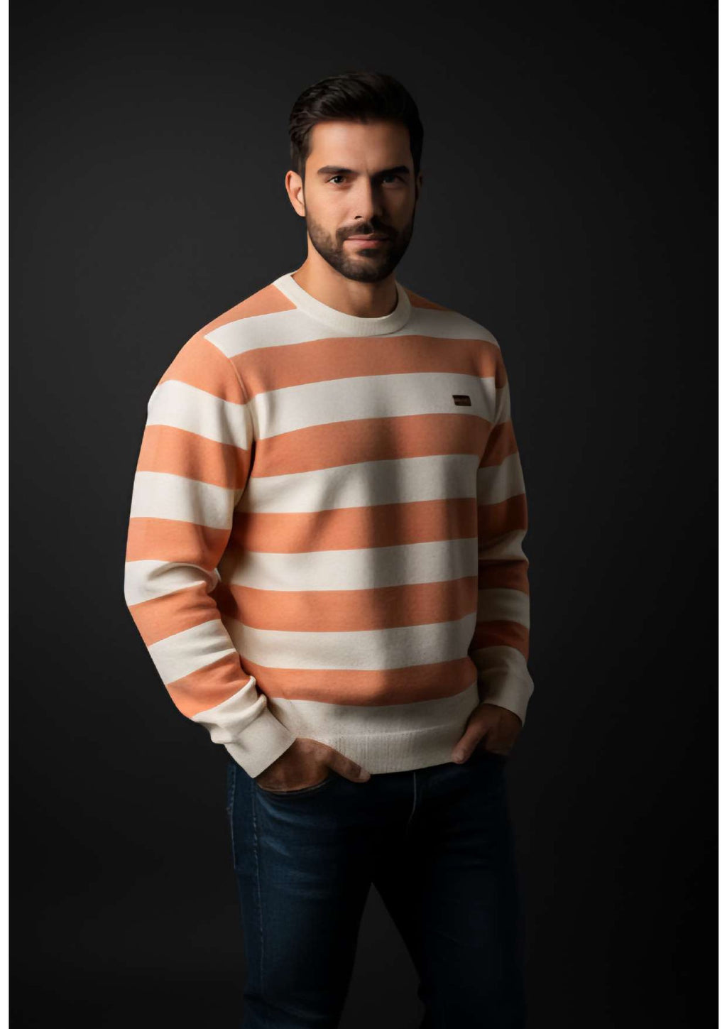 Men's Peach & Cream Bold Stripe Crew Neck Knit Sweater – Metal Badge Logo | Smart Casual Knitwear