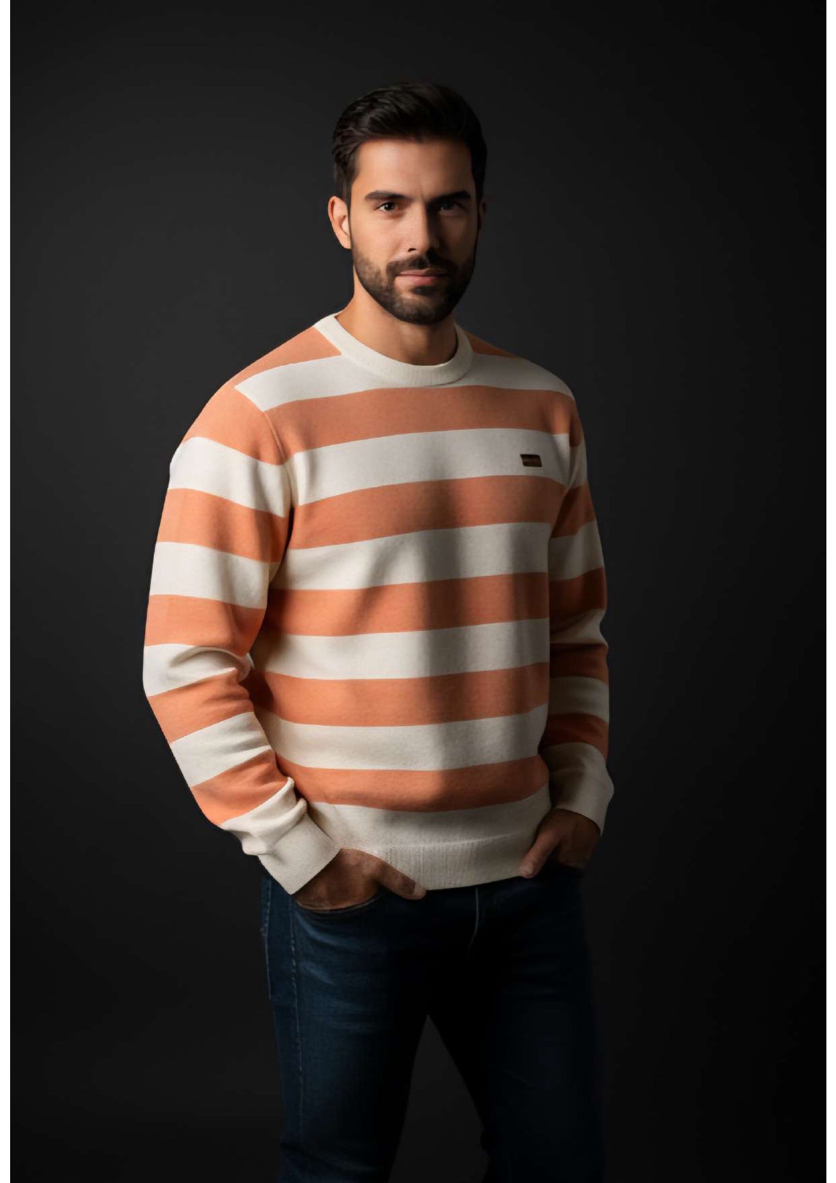 Men's Peach & Cream Bold Stripe Crew Neck Knit Sweater – Metal Badge Logo | Smart Casual Knitwear
